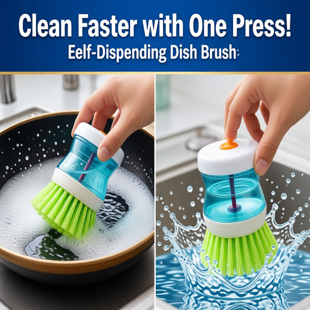 Self-dispending dish brush with text 'Clean Faster with One Press!' on a kitchen background.