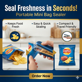 Portable mini bag sealer with images of food packaging and text highlighting features.