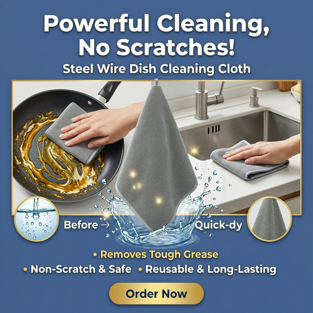 Advertisement for a steel wire dish cleaning cloth with text highlighting its features.