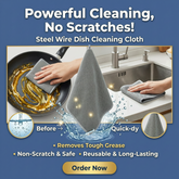 Advertisement for a steel wire dish cleaning cloth with text highlighting its features.