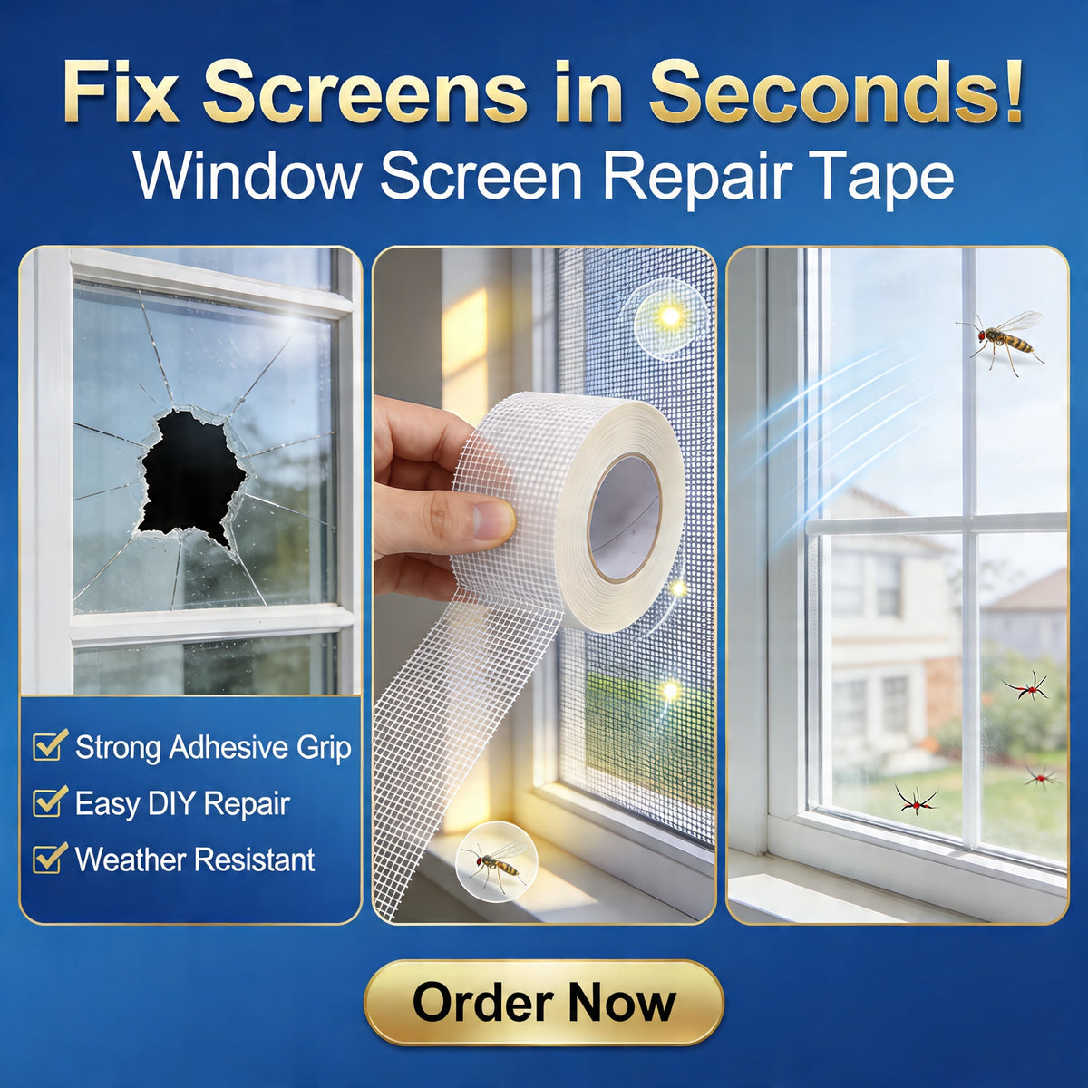 Window screen repair tape with a hand applying it to a broken window, showing before and after results.
