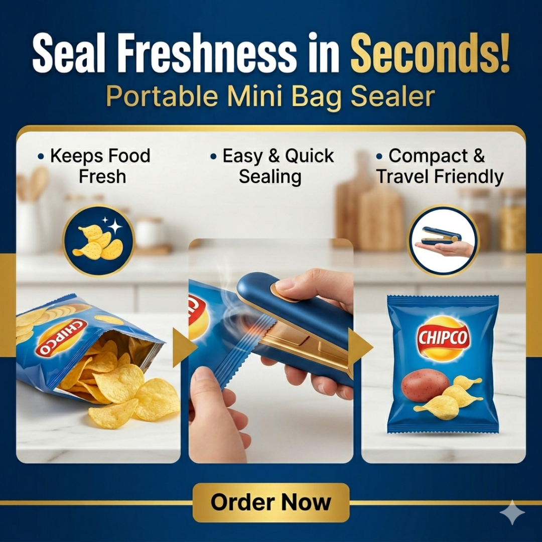 Portable mini bag sealer with images of food packaging and text highlighting features.