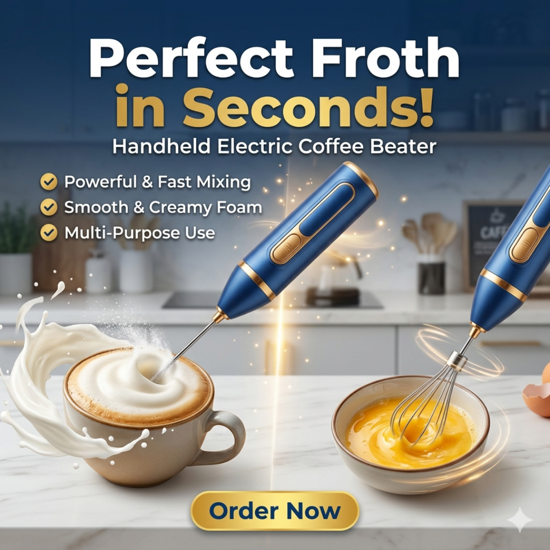 Handheld electric coffee beater with text highlighting features and an order now button, set against a kitchen background.