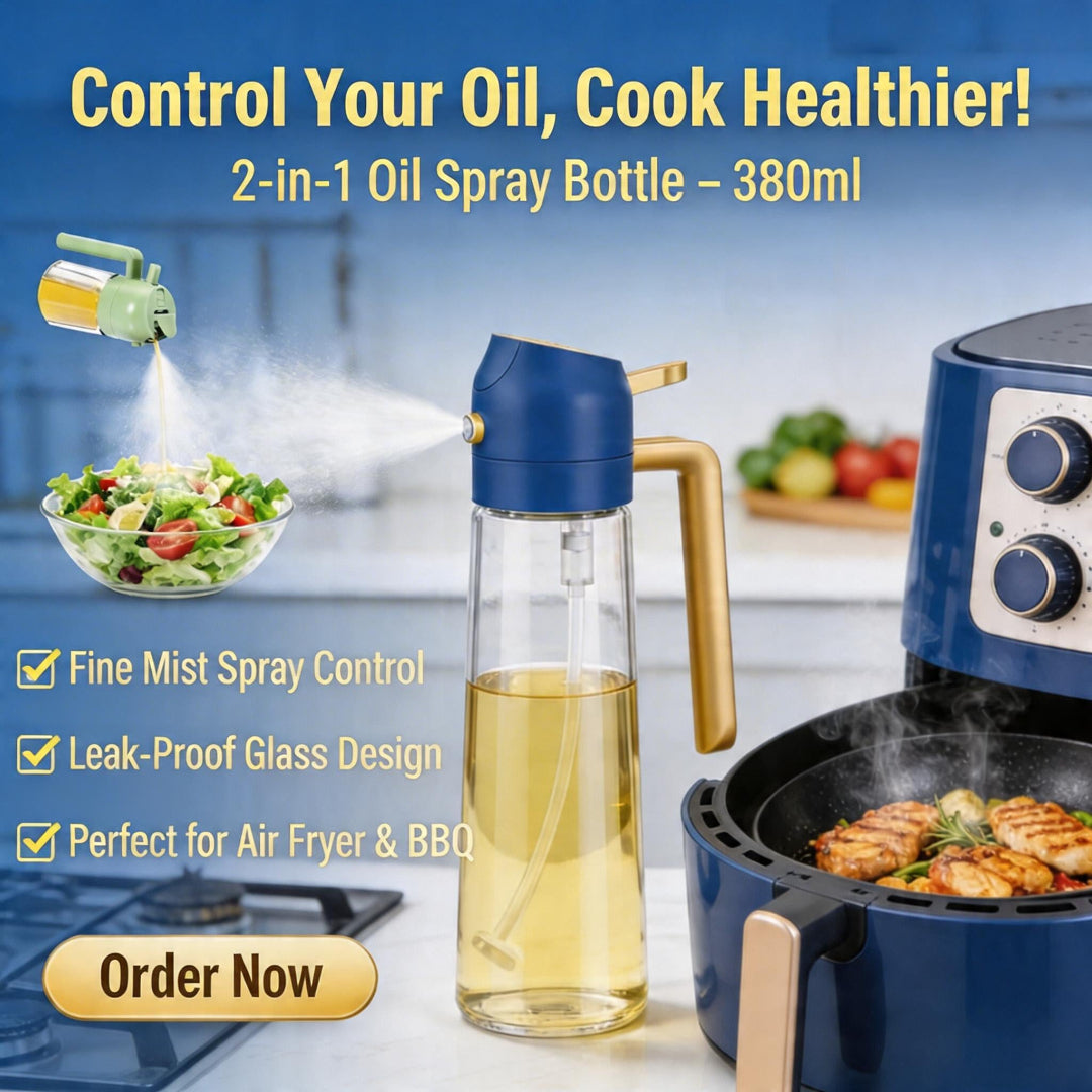 2-in-1 Oil Spray Bottle | Adjustable Mist & Dispenser | 470ml Leak-Proof Glass Container | For Cooking, BBQ, Baking & Air Fryer 380ml (Random Color)