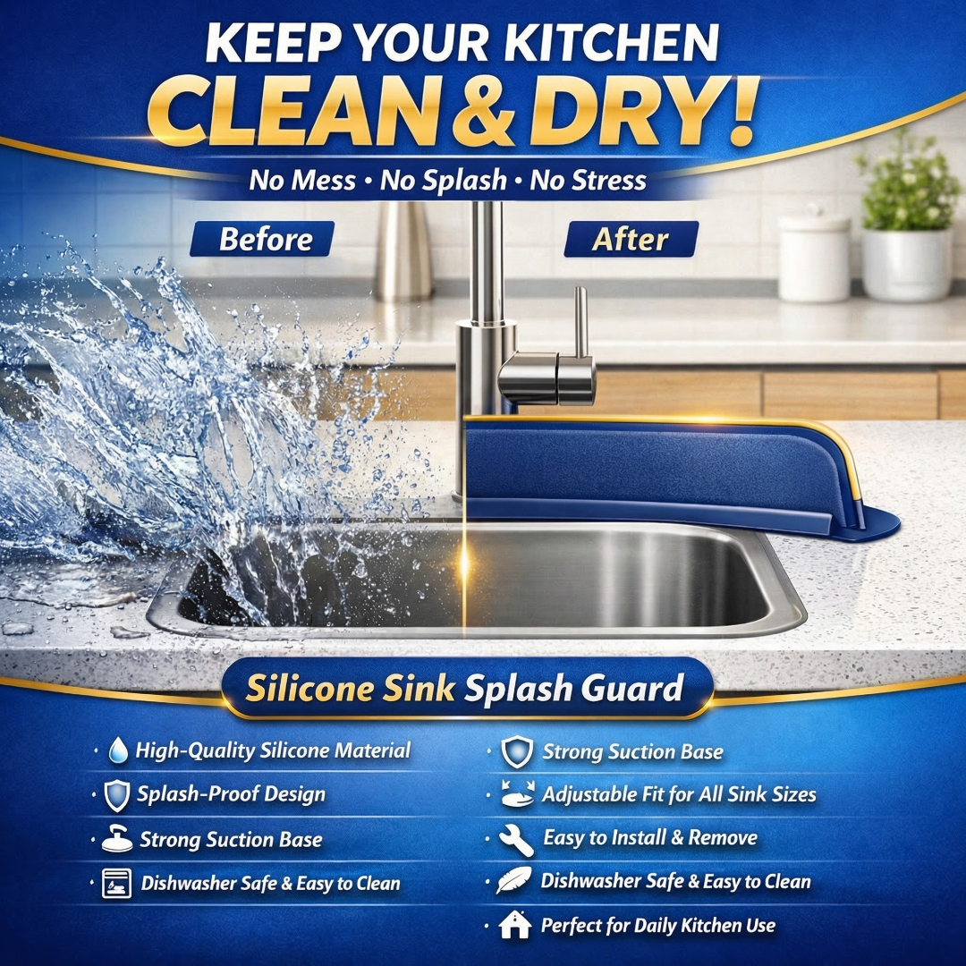 Silicone sink splash guard with 'Before' and 'After' comparison in a kitchen setting.